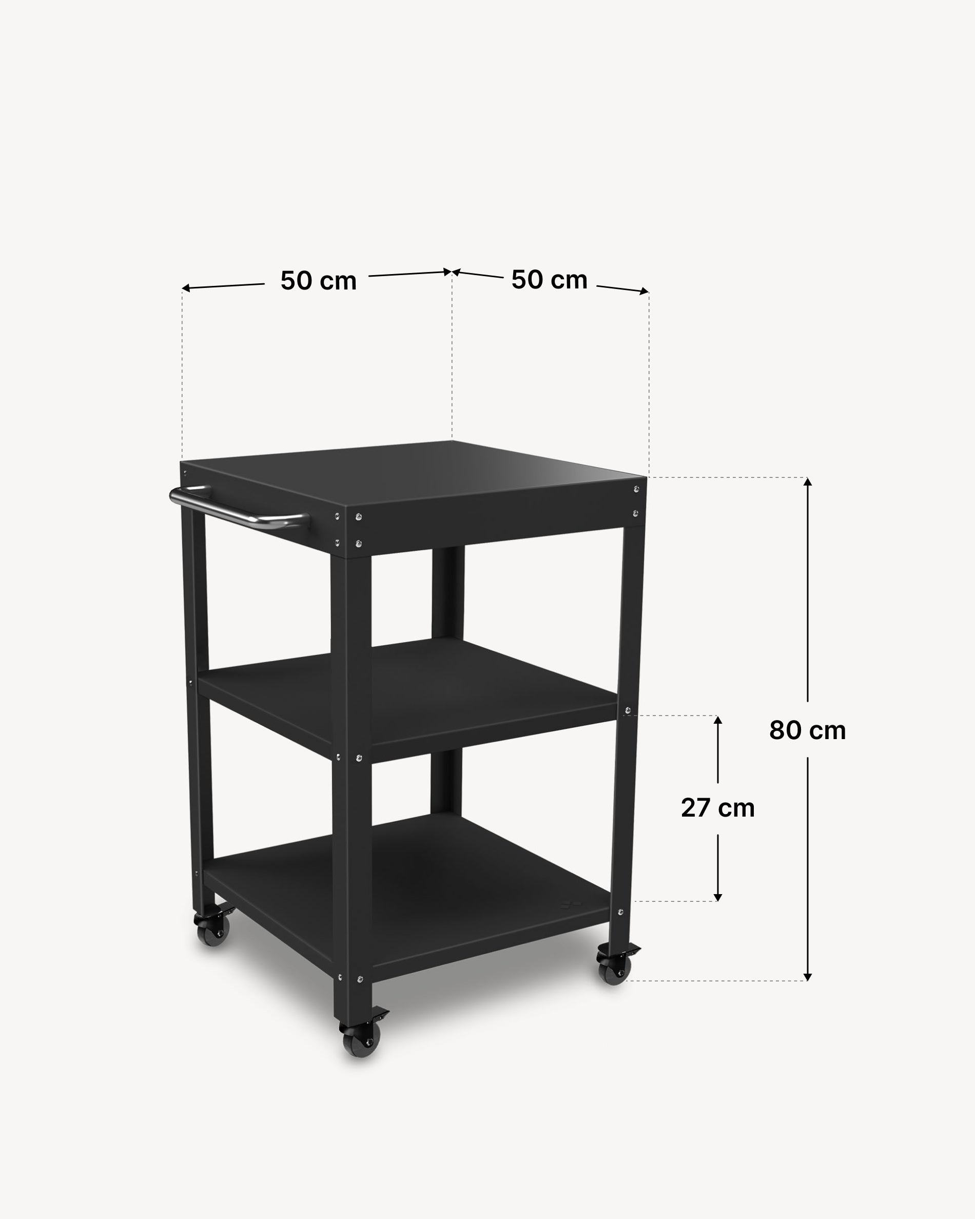 Dimensions of the metal side table with 50 × 50 cm shelves.