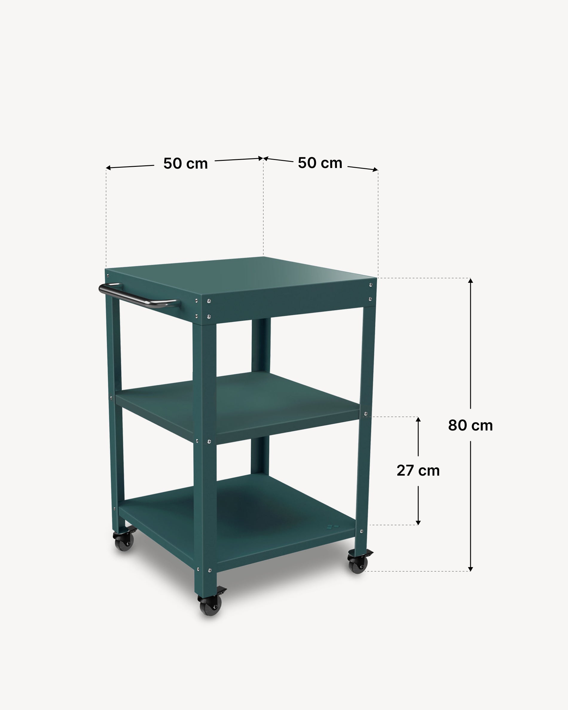 Dimensions of the metal side table with 50 × 50 cm shelves.