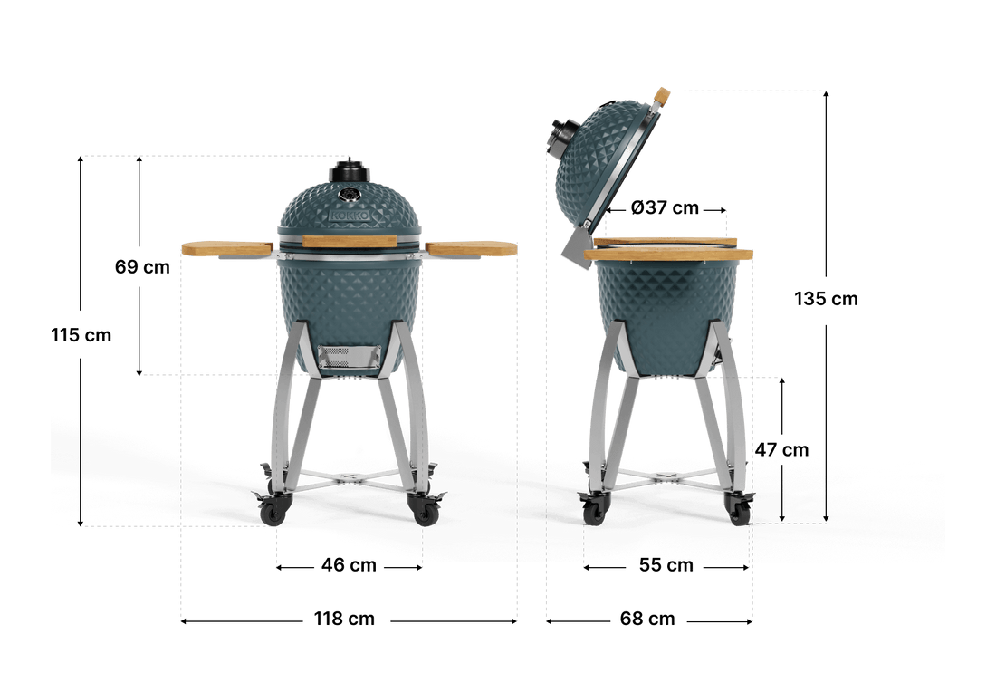 Schéma des dimensions du kamado Kokko 18 pouces, indiquant les mesures globales du barbecue pour l’installation et l’aménagement extérieur.