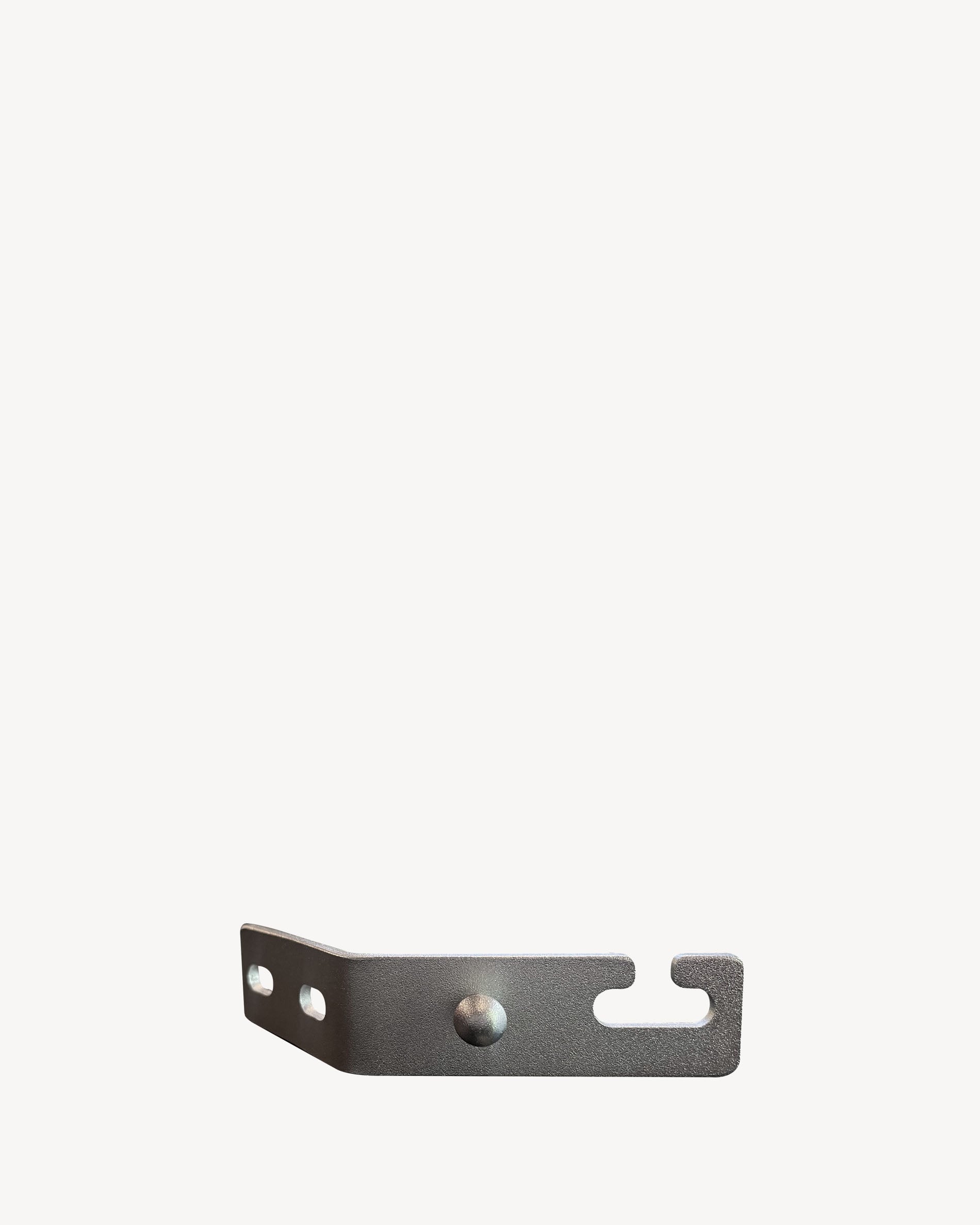 Metal mounting part for kamado shelf, with notch, screw holes, and powder-coated finish.