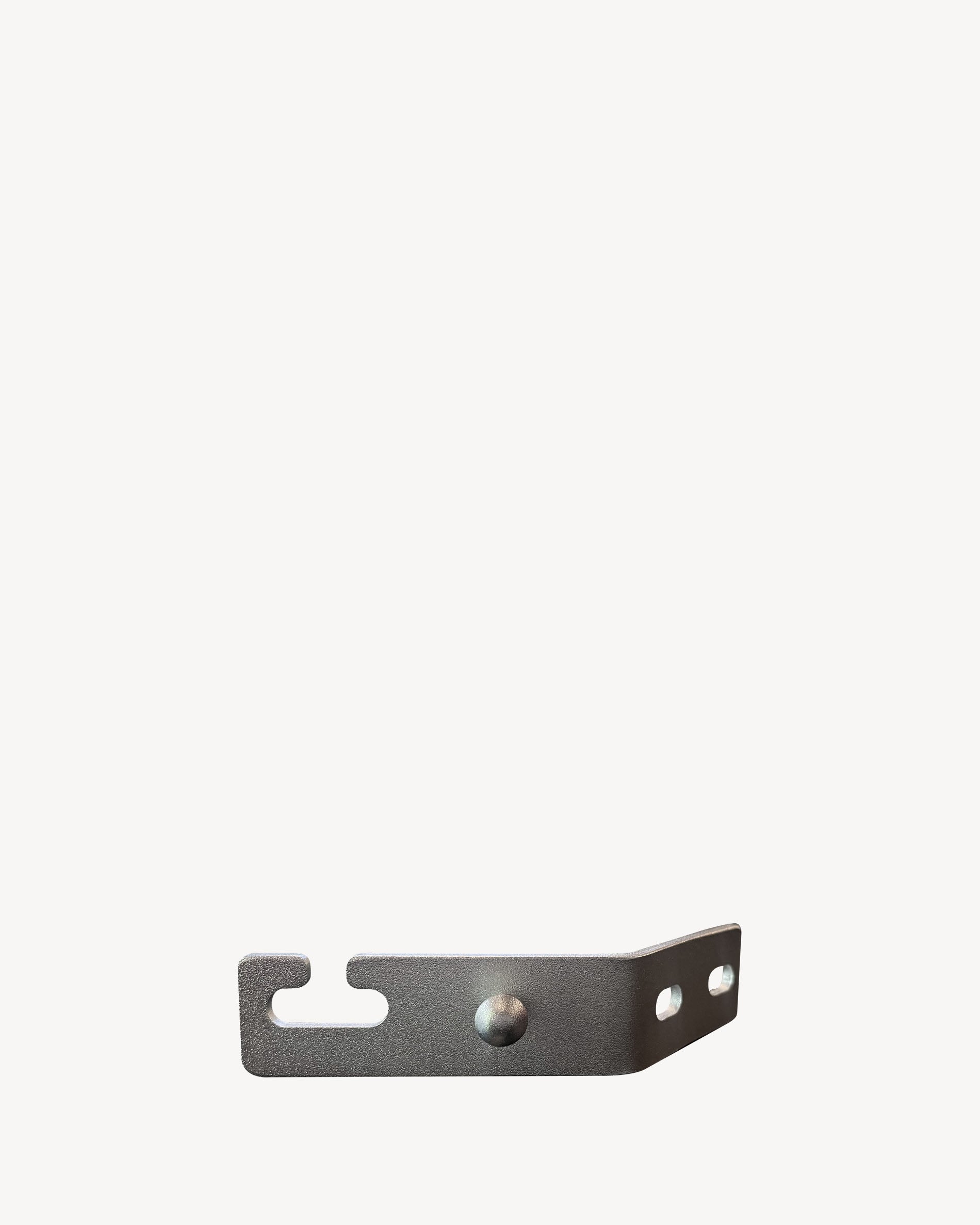 Metal mounting part for kamado shelf, with notch, screw holes, and powder-coated finish.