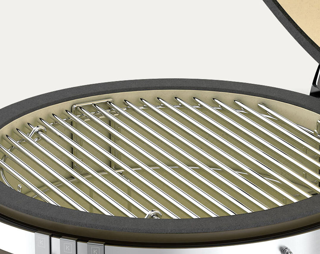 Stainless steel cooking grate for the new edition Kokko kamado, highlighting the material and cooking surface.