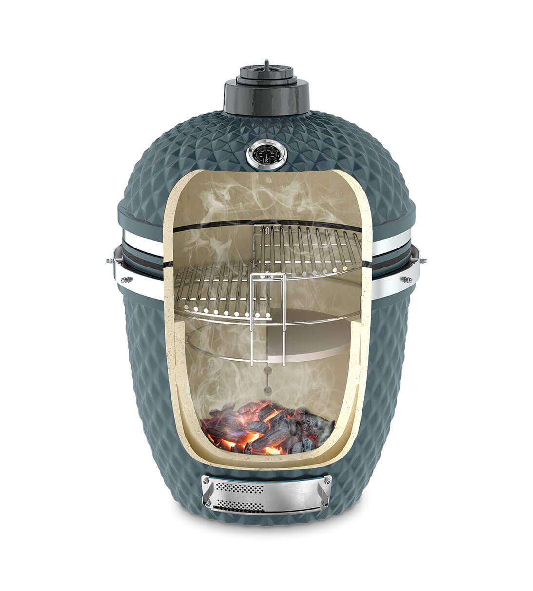 Vertical cutaway of a Kokko Ocean Blue kamado