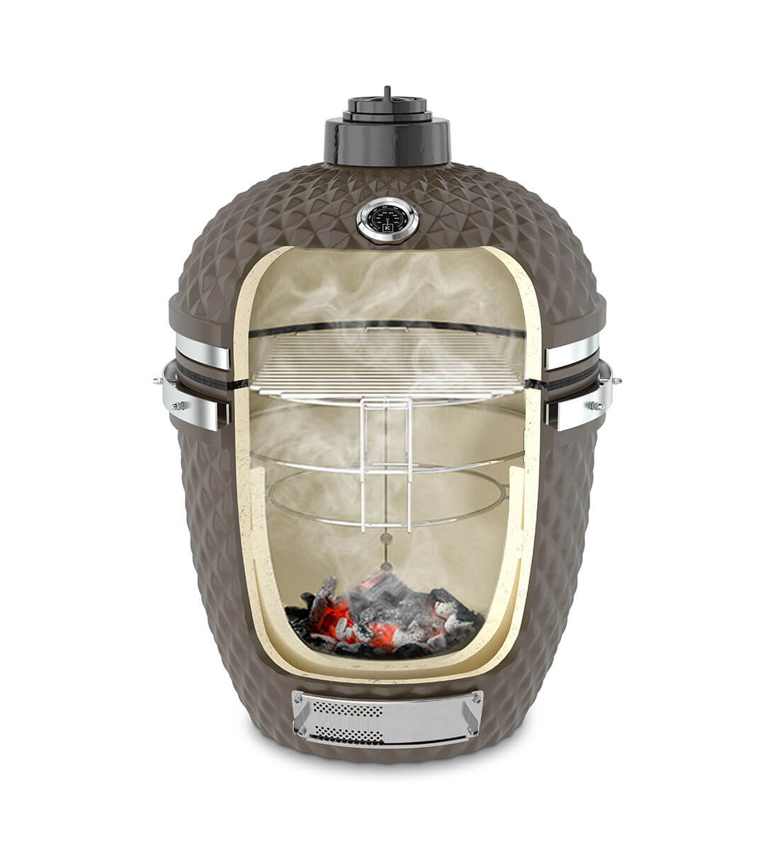 Vertical cutaway of an olive green Kokko kamado