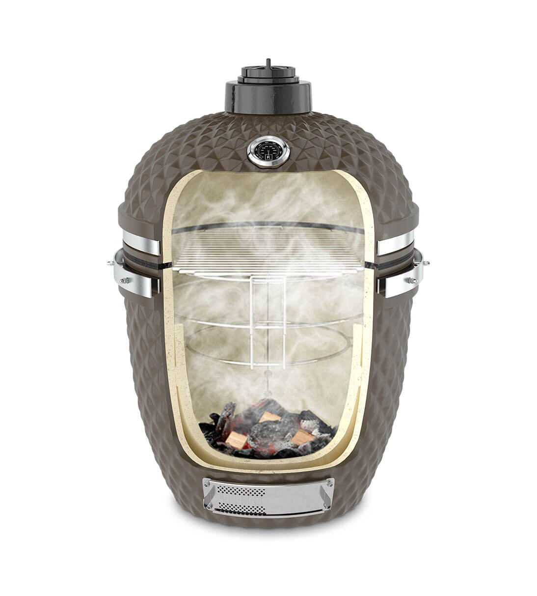 Vertical cutaway of an olive green Kokko kamado