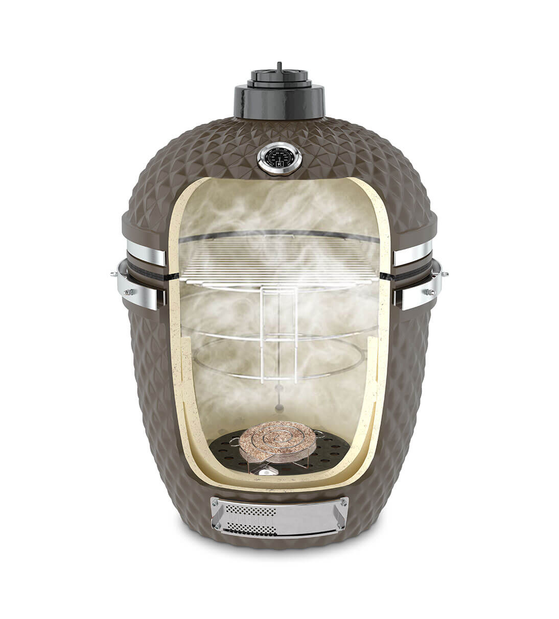 Vertical cross-section of a Kokko olive green kamado with cold smoking coil