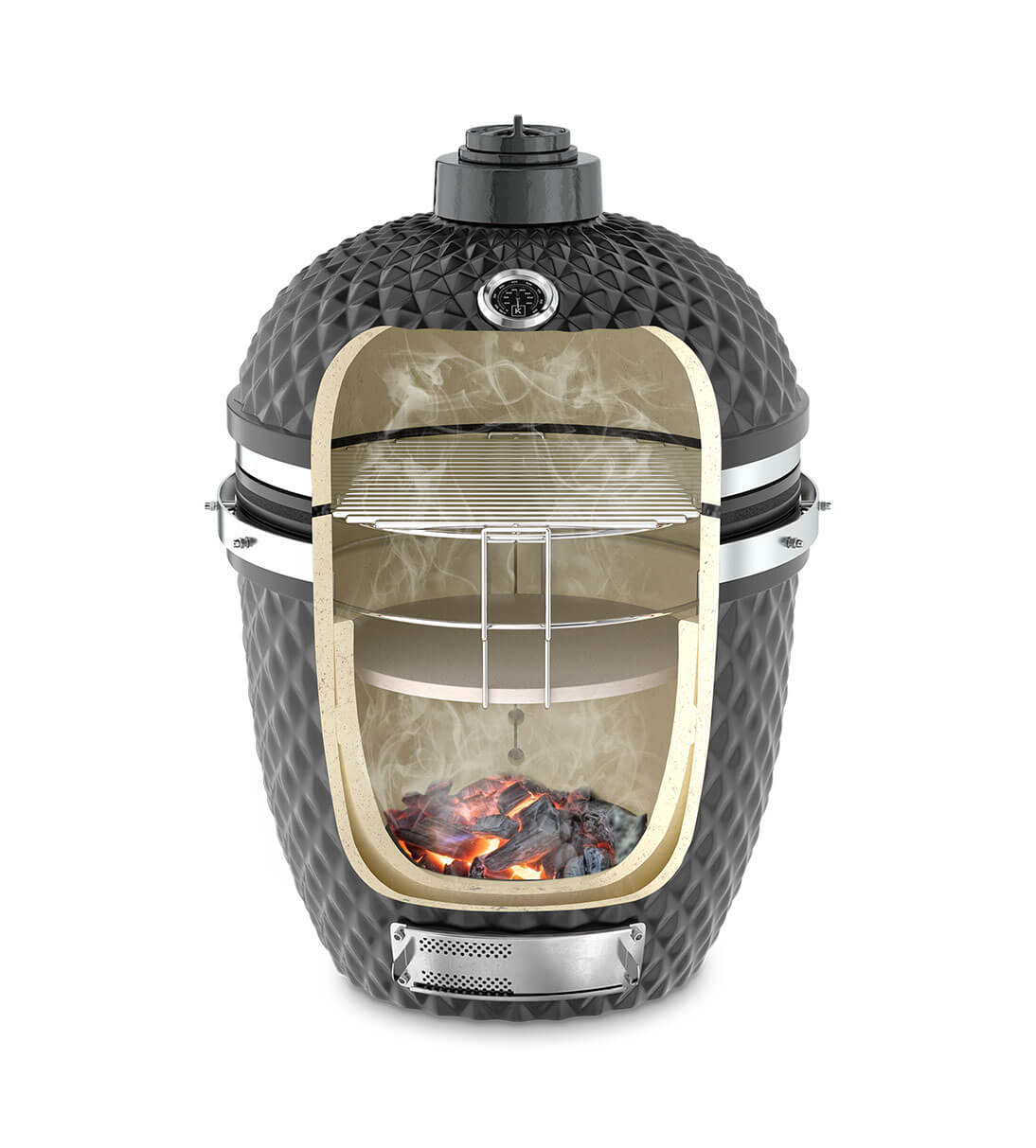 Vertical cross-section of a deep black Kokko kamado