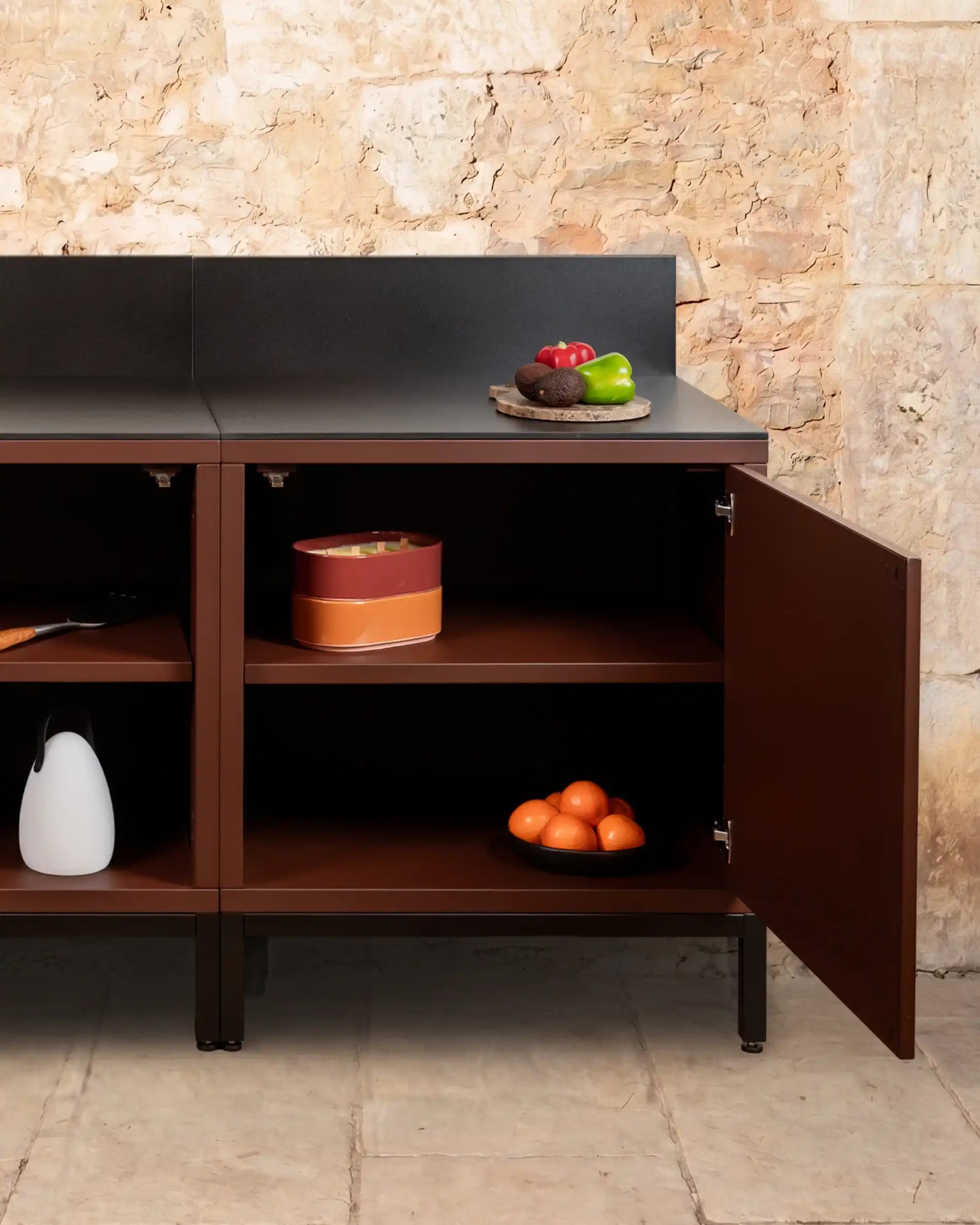 Kokko rust storage module with open door and interior shelves