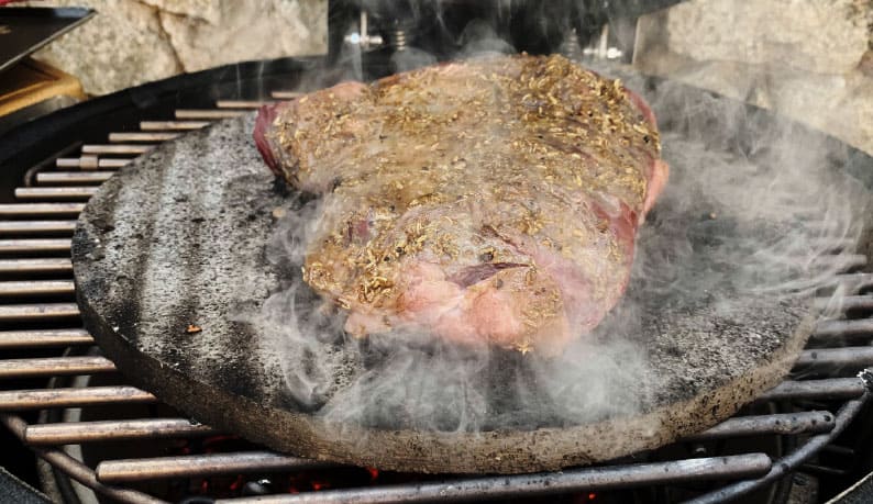 Marinated beef picanha on lava stone