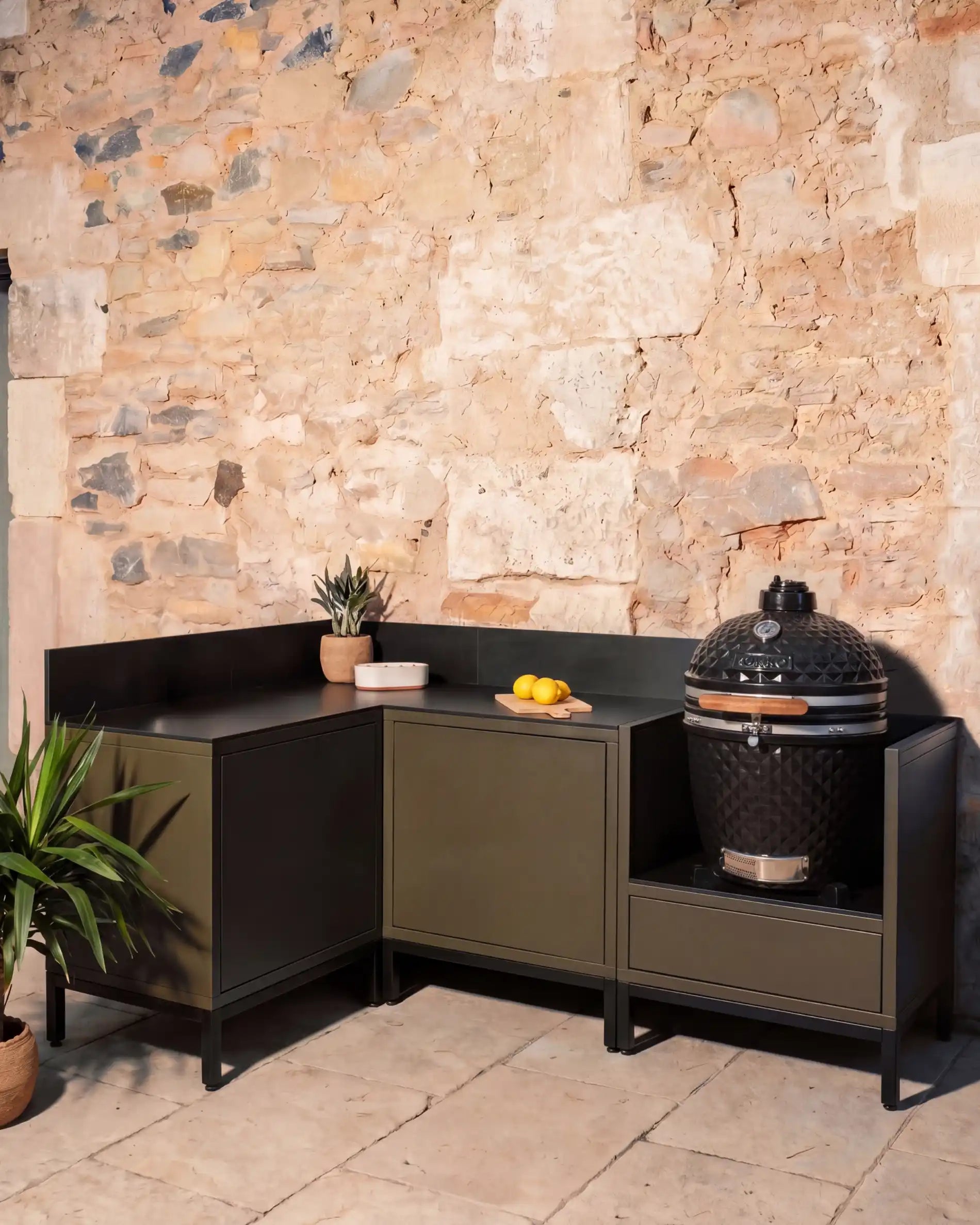 Kokko olive corner outdoor kitchen with kamado and integrated storage
