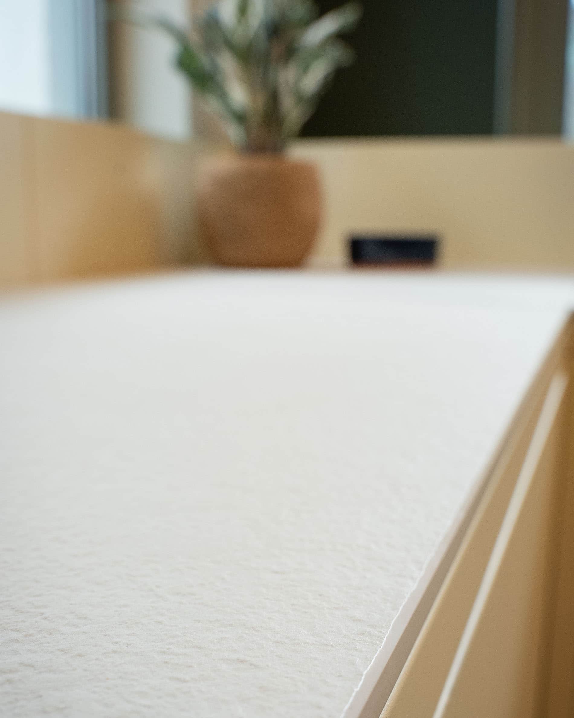 Détail du plan de travail d’une cuisine pilotis, montrant la surface claire, la texture mate et la finition du matériau.