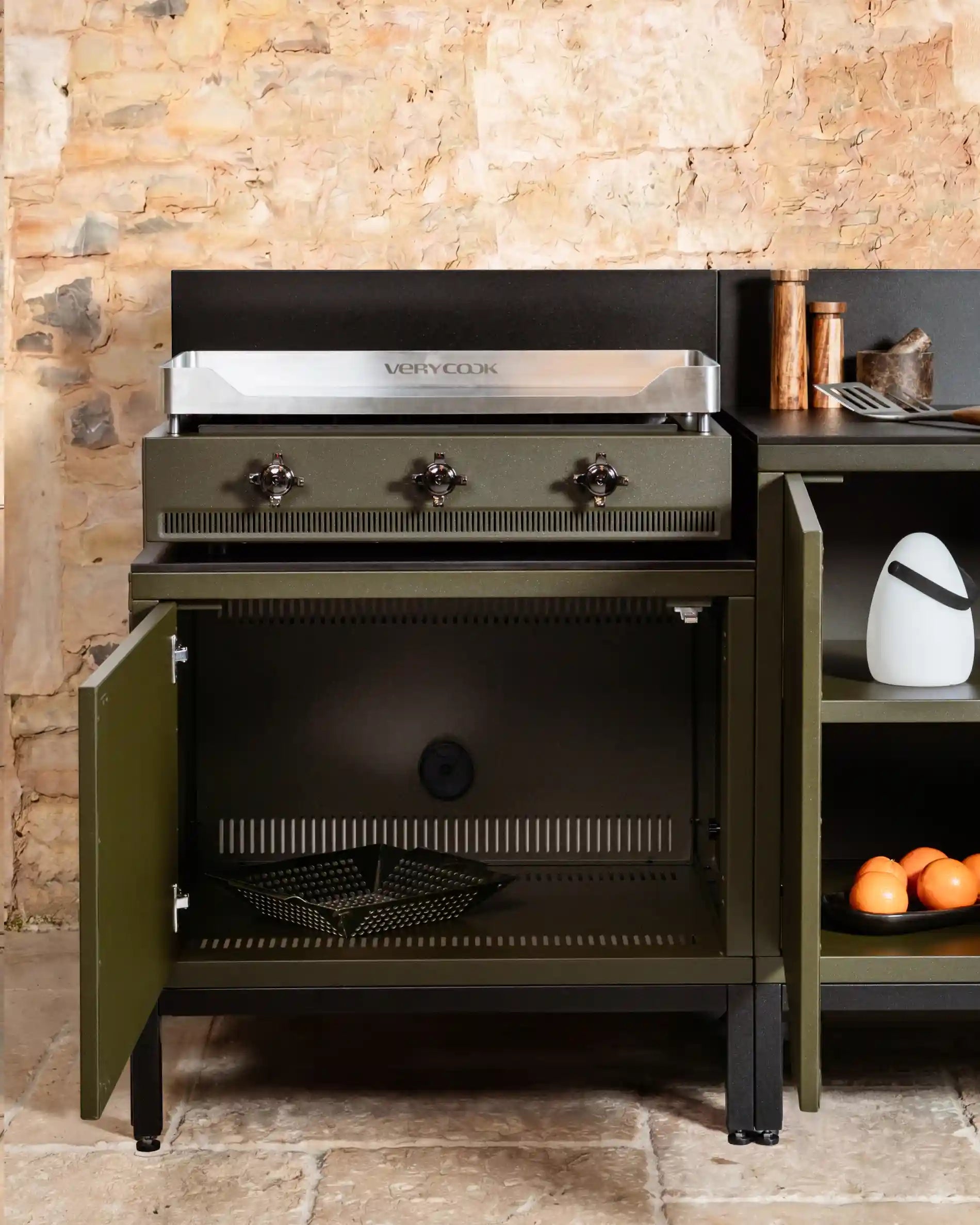 Detail of Kokko Pilotis olive plancha module with storage
