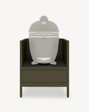 Pilotis outdoor kitchen module for kamado, olive green unit with closed storage, dark worktop, and integrated side panels.