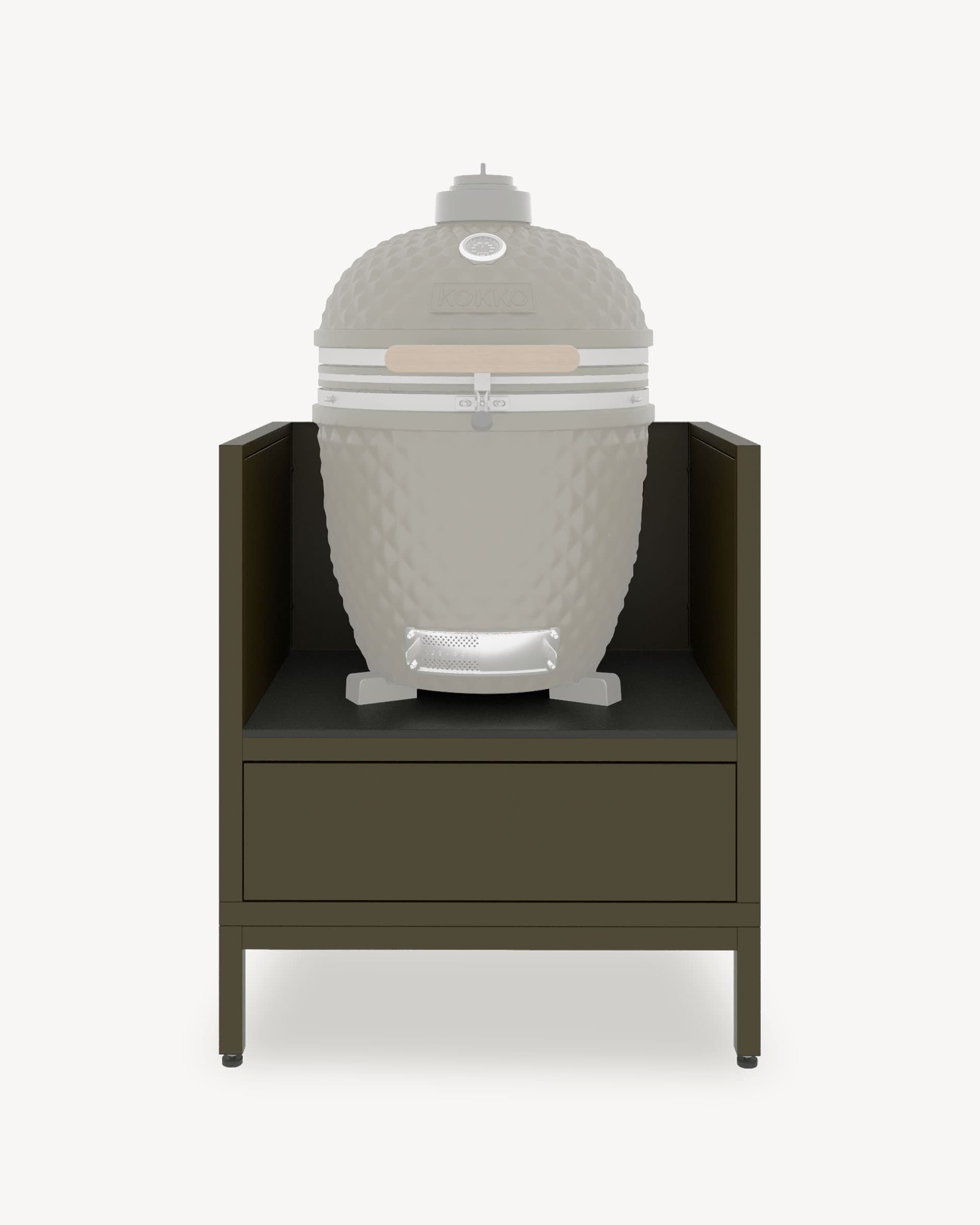 Pilotis outdoor kitchen module for kamado, olive green unit with closed storage, dark worktop, and integrated side panels.