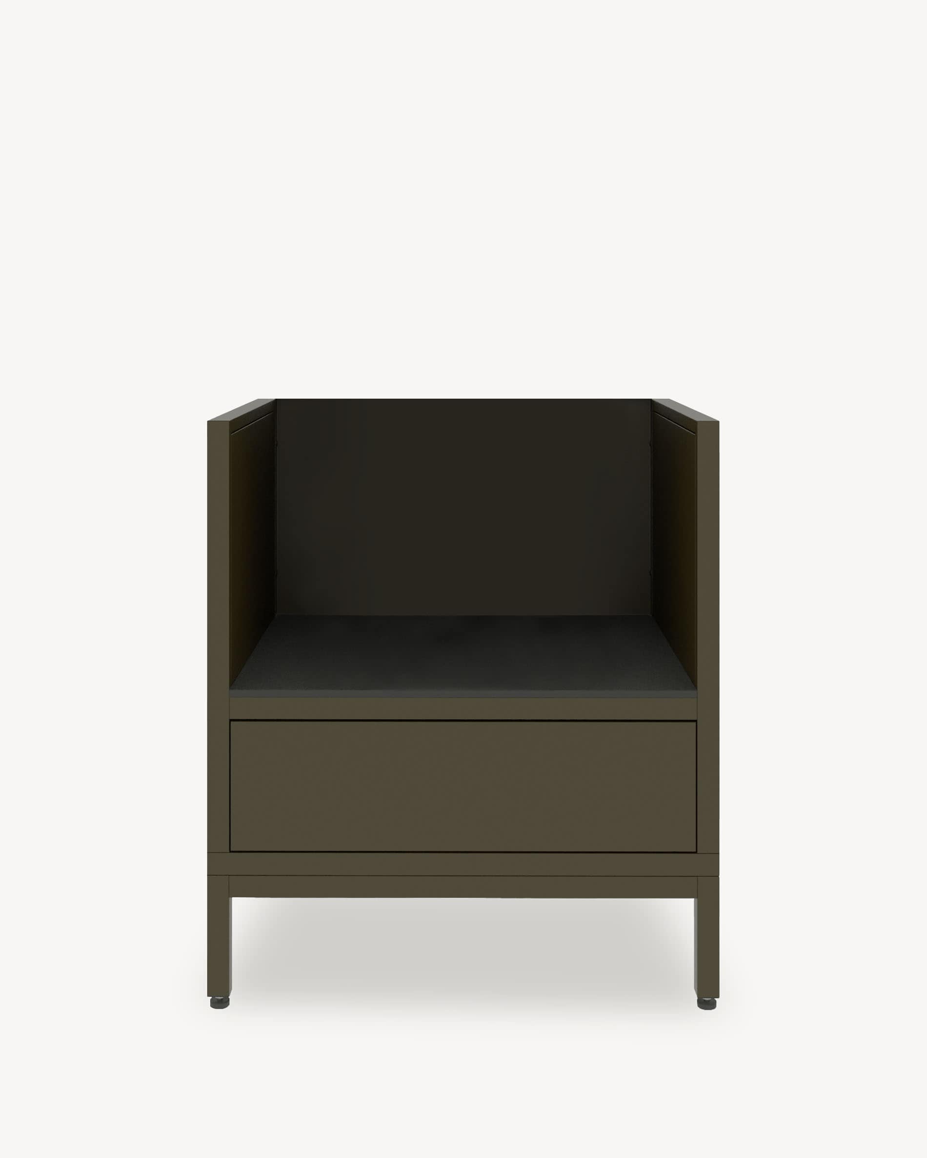 Module de cuisine pilotis pour kamado, meuble coloris vert olive avec rangement fermé, plan de travail sombre et parois latérales intégrées.