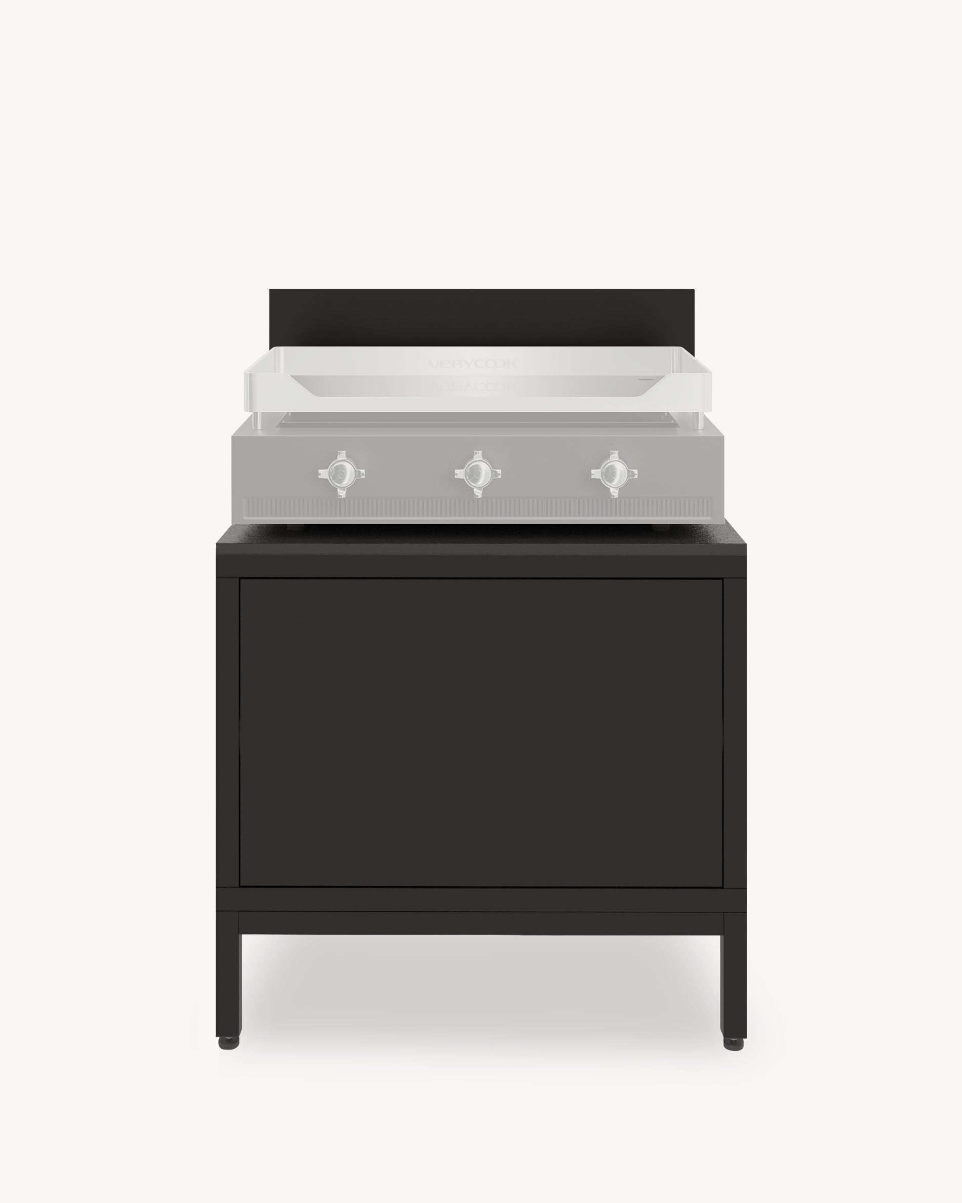 Module de cuisine pilotis pour plancha, meuble coloris noir avec rangement fermé, plan de travail sombre et crédence intégrée.