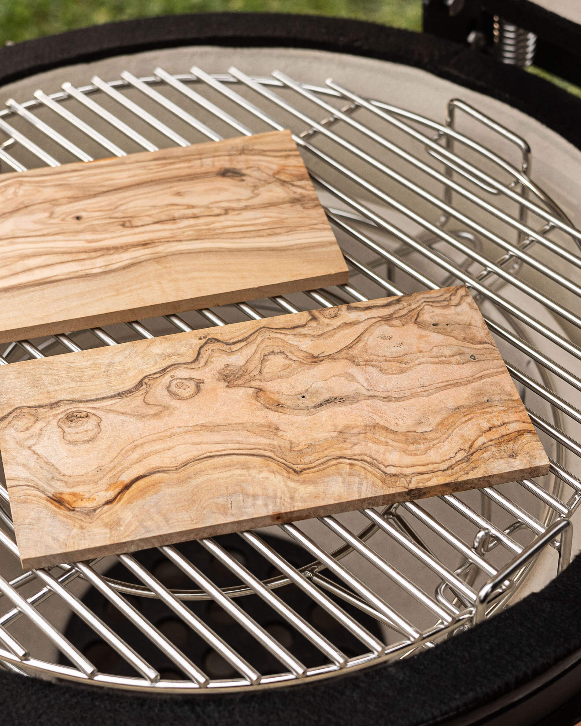Rectangular wooden board on grill