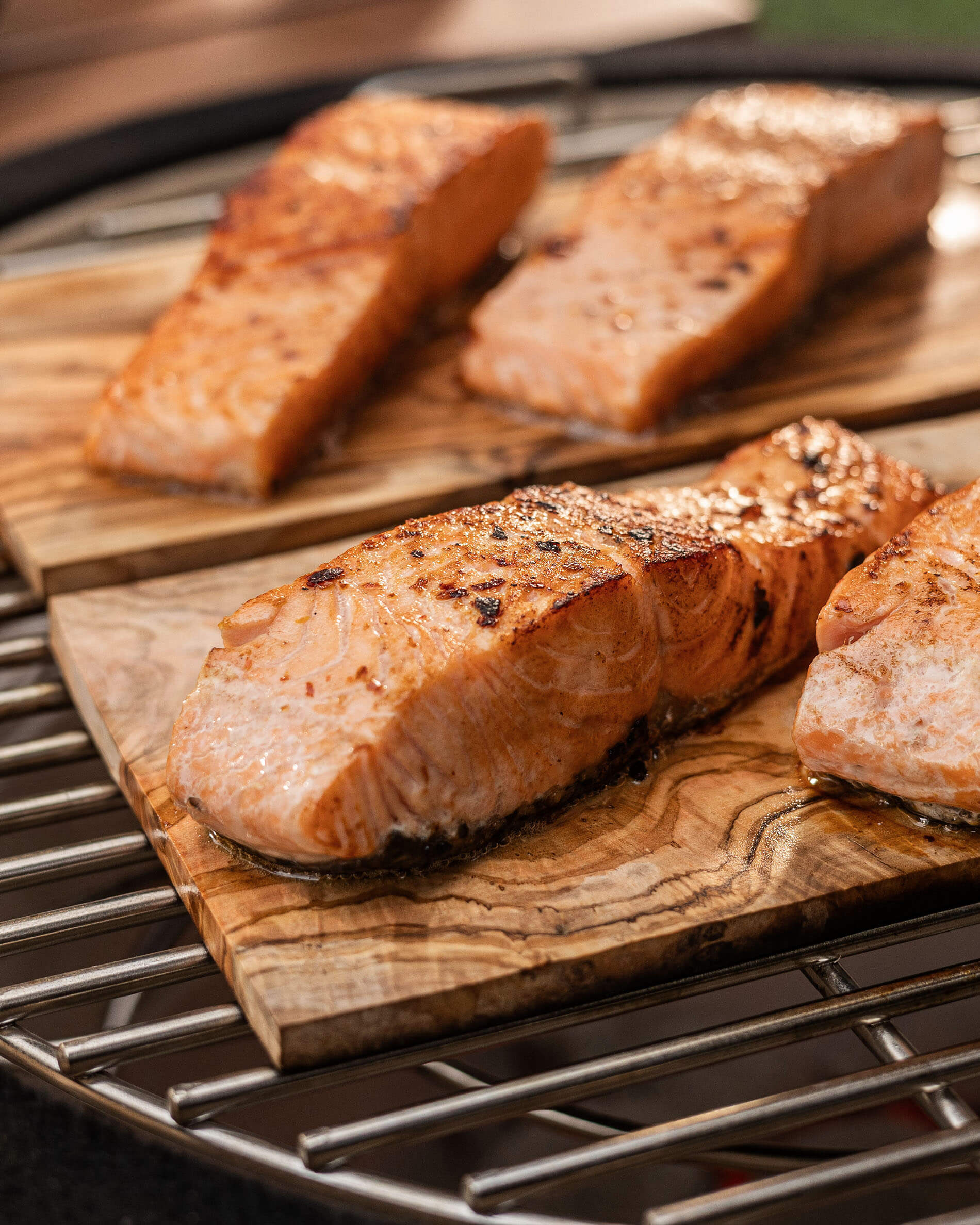 Rectangular wooden board with salmon