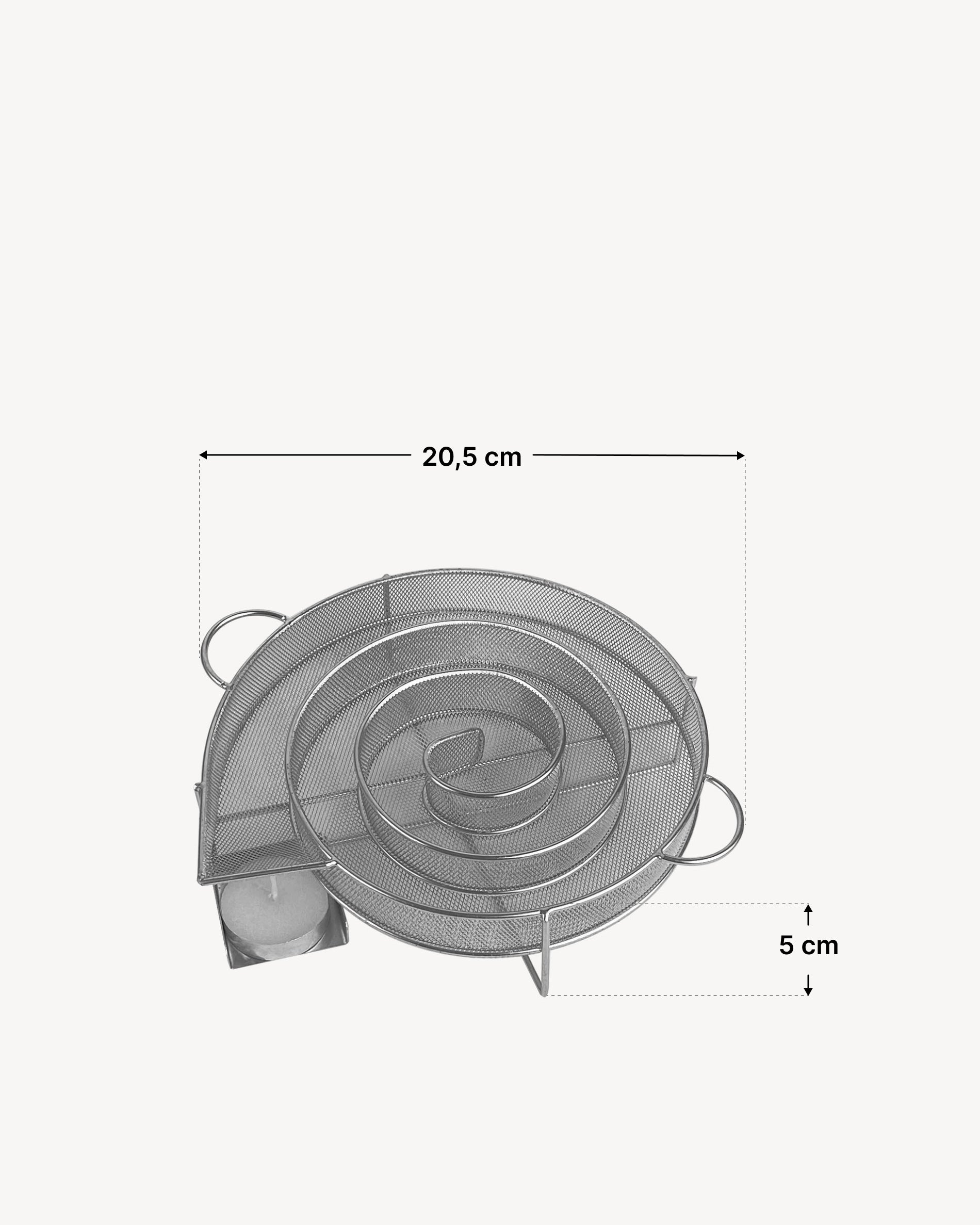 Cold smoking stainless steel spiral with circular mesh structure, featuring side handles and a slot for a smoke starter, shown with a dimension diagram indicating a diameter of 20.5 cm and a height of 5 cm.