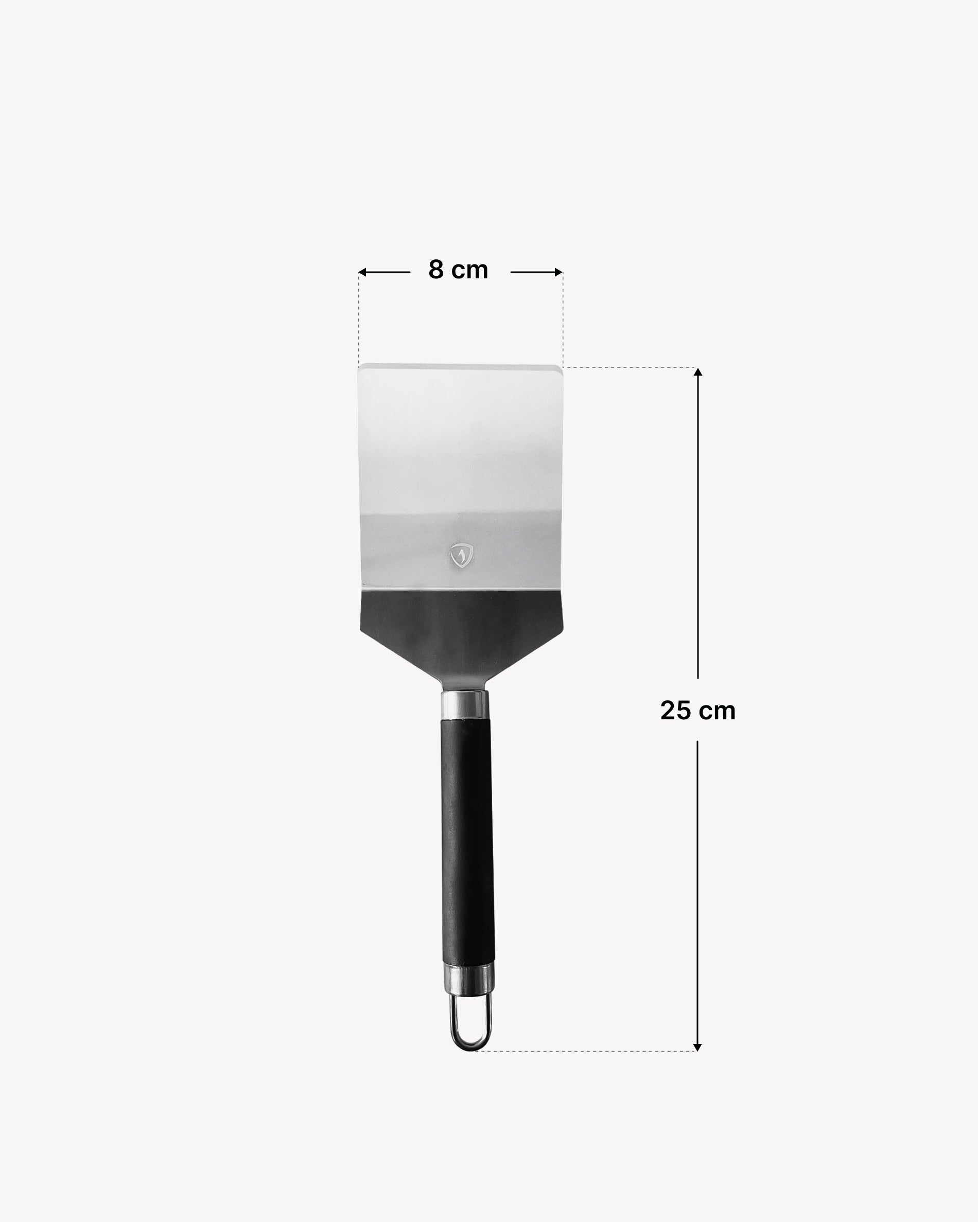 Classic stainless steel spatula with ergonomic black handle, shown on a light background with dimensions indicated: blade width 8 cm and total length 25 cm.
