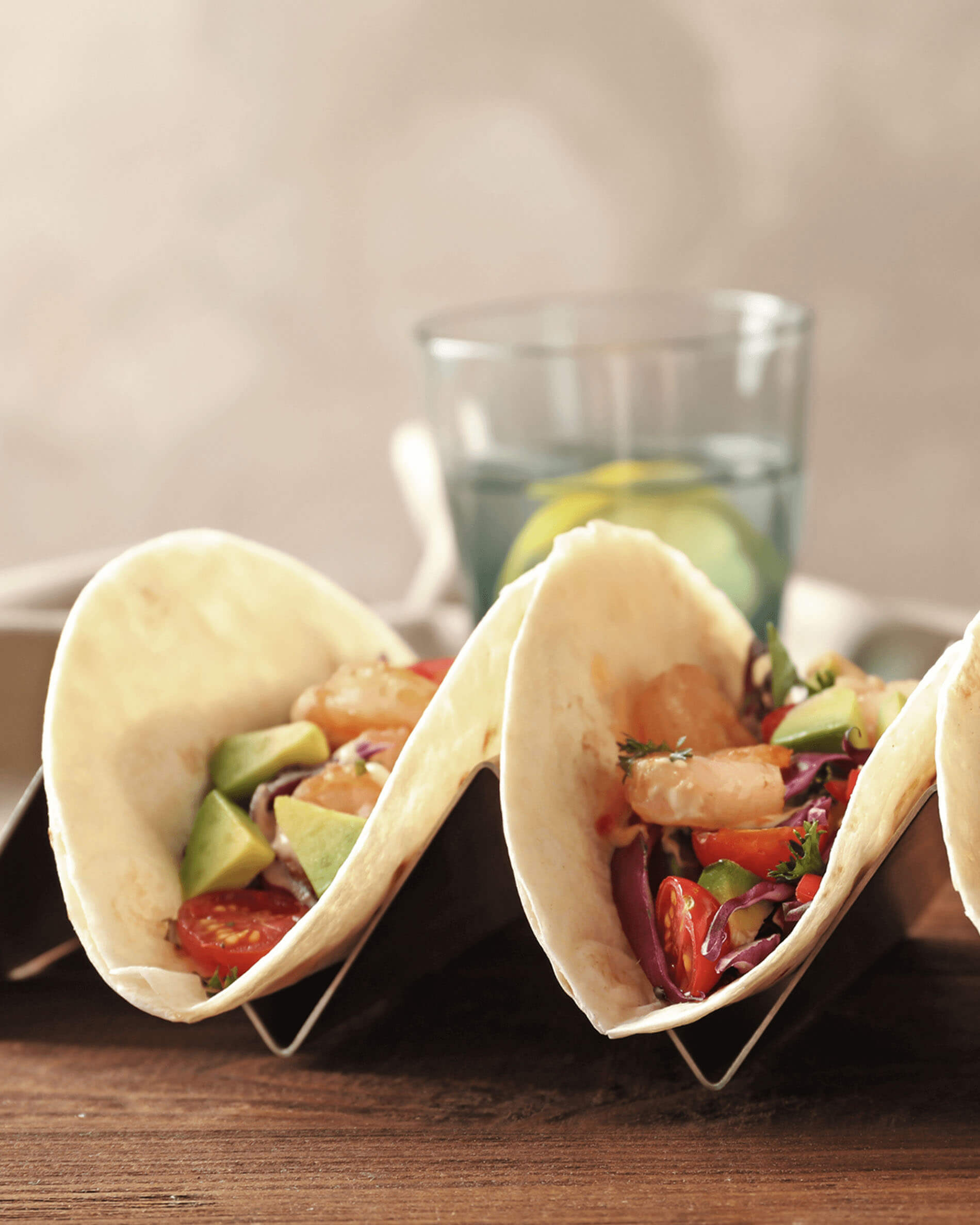 Tacos on stainless steel taco rack