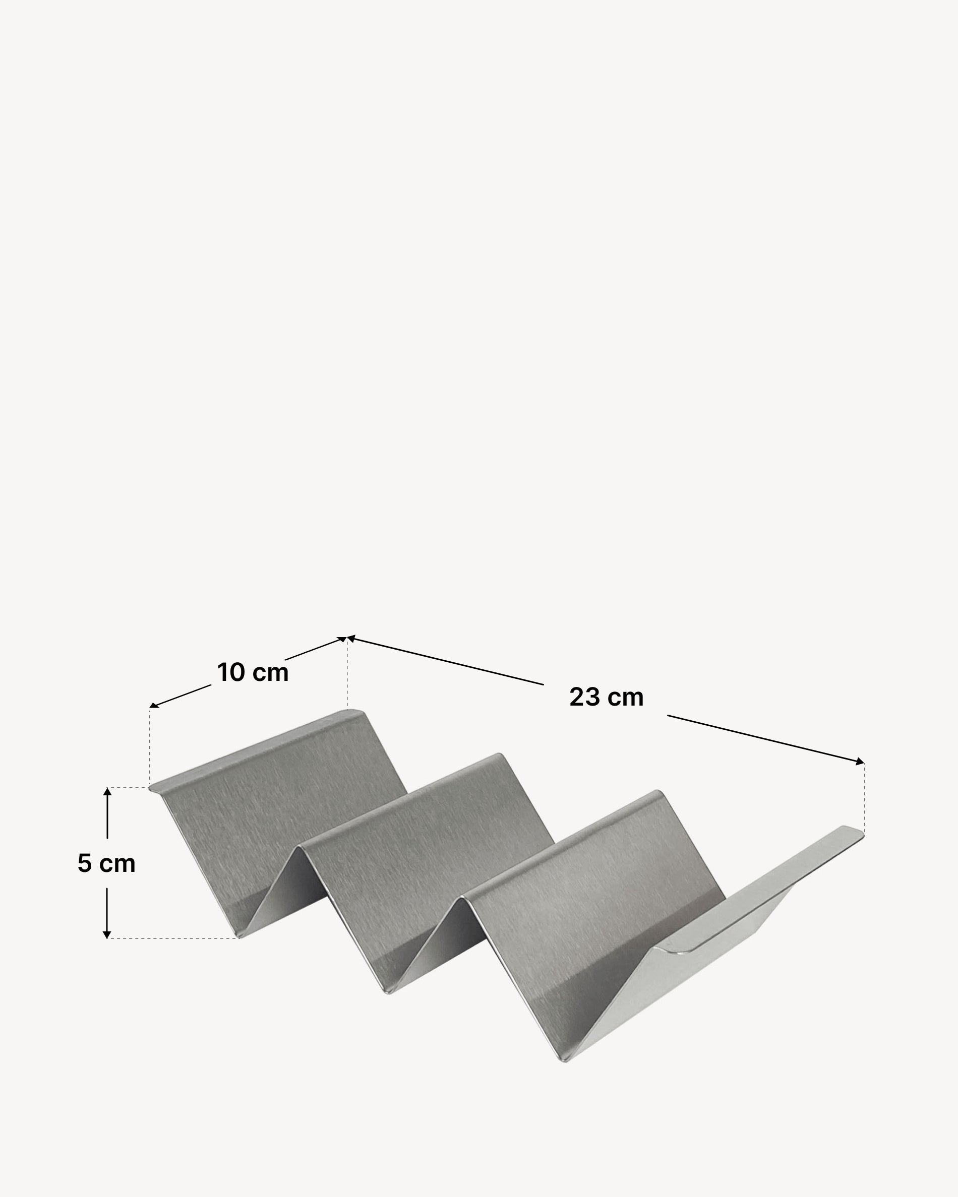 Stainless steel zigzag-folded taco holder with multiple slots for tortillas, shown with a dimension diagram indicating a total length of 23 cm, a width of 10 cm, and a height of 5 cm.