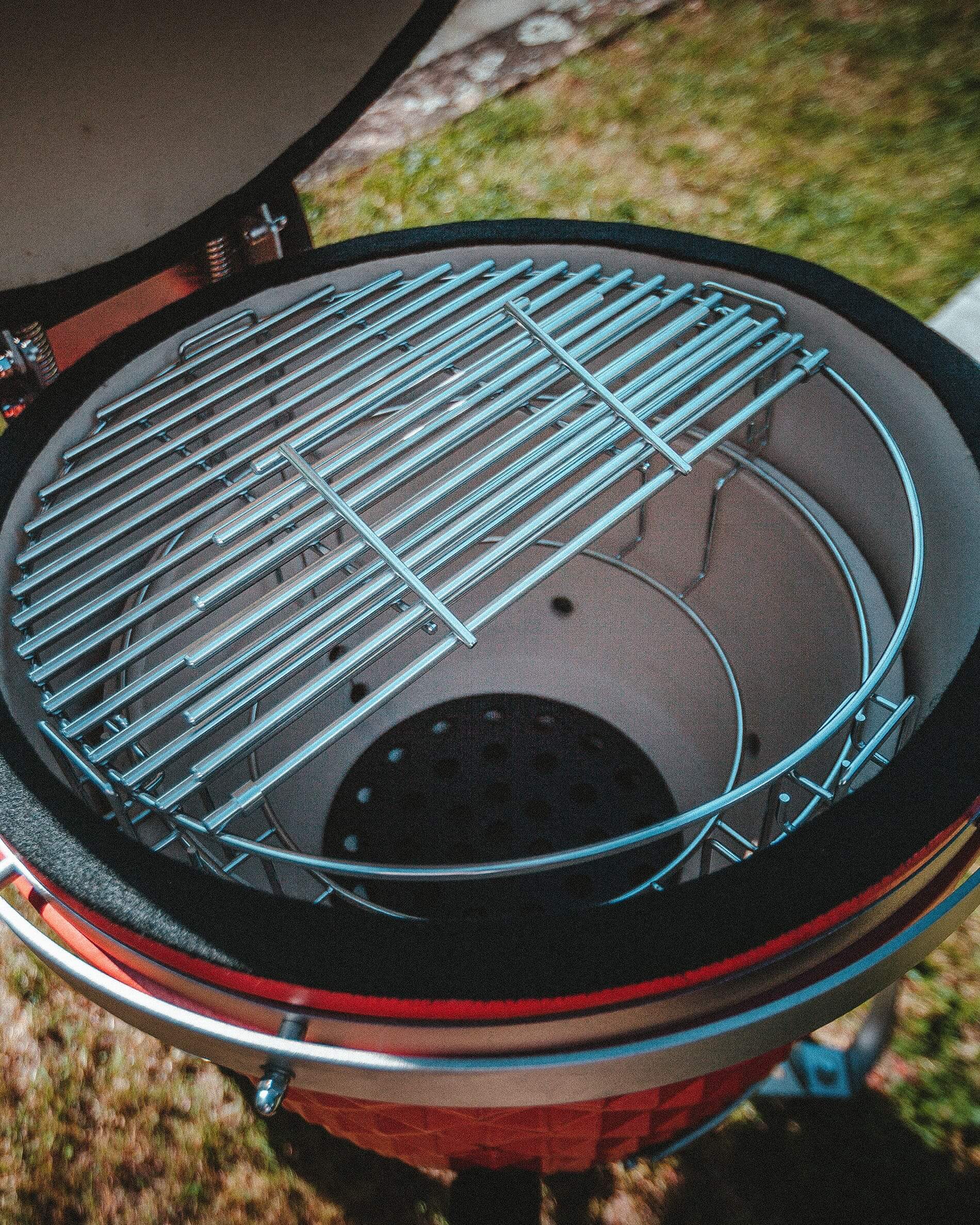 Stainless steel cooking grate support system for kamado.